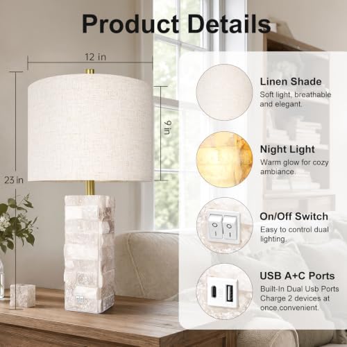 Scenekoy Alabaster Table Lamps with Night Light, Bedside Lamp with USB A+C - Image 2