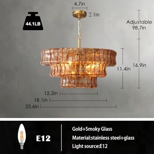YIOSI Modern Amber Glass Chandelier，23" Gold Round Chandelier for Dining Room, 4-Light Round Drum Kitchen Island Hanging Light Fixture Perfect for Living Room, Bedroom,Kitchen, Foyer - Image 3