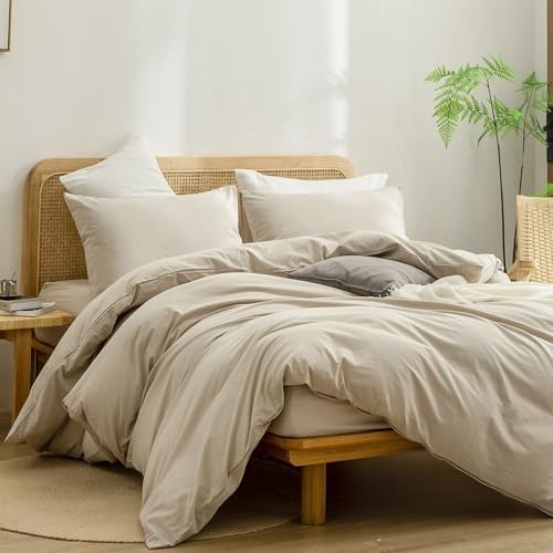 BESTOUCH Cotton Solid Duvet Cover Set Almond Milk Grey Oversized Full - Image 4
