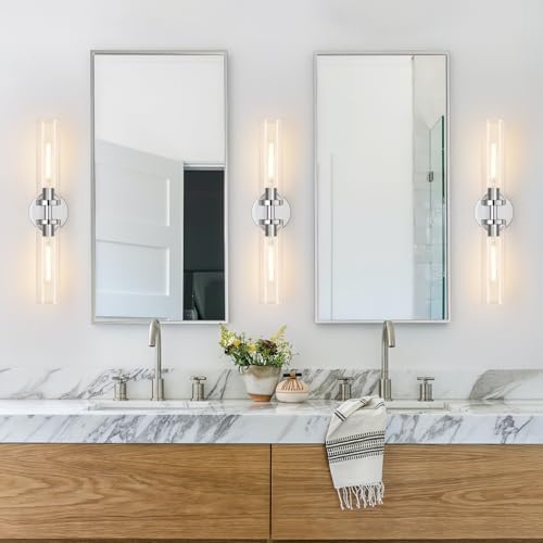 Indoi Wall Sconces Set of Two, Hardwired Chrome Bathroom Sconces Wall Lighting with Clear Glass, Modern Sconces Wall Decor Set of 2 Bathroom Light fixtures for Mirror Living Room Hallway Bedroom - Image 5