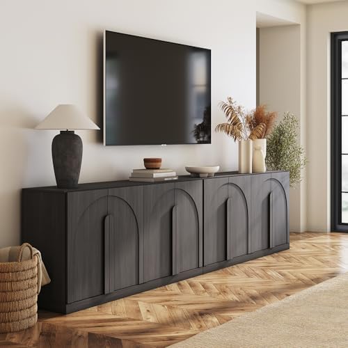 BELLEZE Set of 2 Bijou 64" Modern Buffet Sideboard, Mid-Century Arch Carved Wood Door Cabinet, Textured Storage Console for Living Room, Kitchen, Entryway - Ebony - Image 5