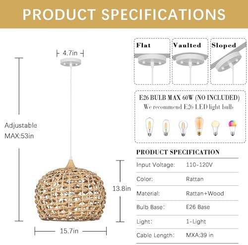 Boho Pendant Lights, 15.7" 1-Light Rattan Chandelier Hand-Woven Wicker Pendant Light with Water Hyacinth Shade, Coastal Dome Hanging Light for Dining Room Kitchen Island - Image 6