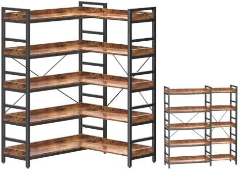 HCHQHS Adjustable Book Shelf with 8 Hooks, Reversible Corner Bookshelf, Industrial Wooden and Metal Bookcase for Living Room, Bedroom, Home Office (Rustic Brown, 5 Tier) by HCHQHS