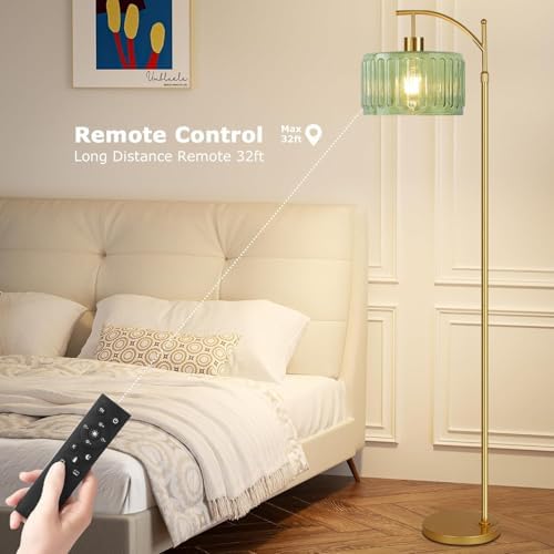ILLMTW Glass Floor Lamp for Living Room,Bedroom,Gold Mid Century Modern Standing Lamp with Remote,Dimmable Brass Tall Lamp Vintage Retro Green Arc Flower Floor Light Boho Bohemian - Image 4