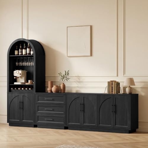 Fatmok Modular Coffee Bar with LED Lighting,Charging Station,Arched Wooden Buffet Sideboard,Modern Liquor&Wine Display Storage Cabinet for Living Room,Black Grey(FEA,3-Piece) by Fatmok