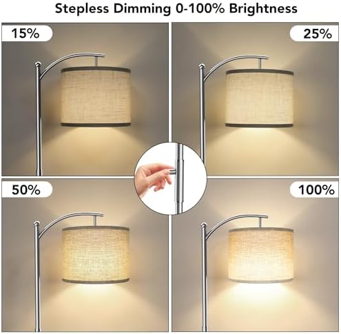 ROTTOGOON Dimmable Floor Lamp, Arc Floor Lamps for Living Room, Stepless Dimming Modern Standing Lamp with Linen Shade, Tall Lamp for Bedroom Office Dining Room- Silver - Image 5