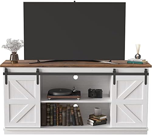 JUMMICO TV Stand for 65 Inch TV, Sliding Barn Doors, Bright White by JUMMICO