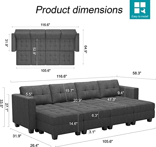Belffin Storage Modular Sleeper Sofa Sectional Couch with Wide Chaises Convertible Sectional Sofa Bed Modular Sleeper Couch Bed Dark Grey - Image 2