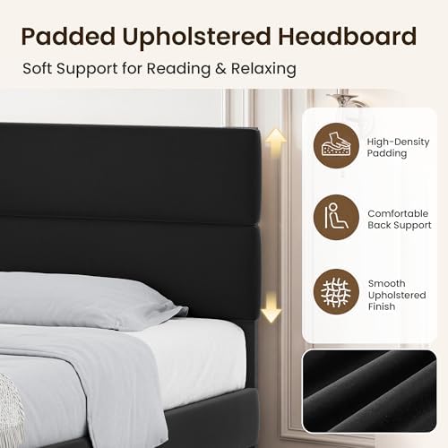 GRUSIGN Queen Size Platform Bed Frame with Velvet Headboard, Adjustable Height Wooden Slats Support, Upholstered Mattress Foundation, Fits Mattress or Mattress with Box Spring, Easy Assembly, Black - Image 4