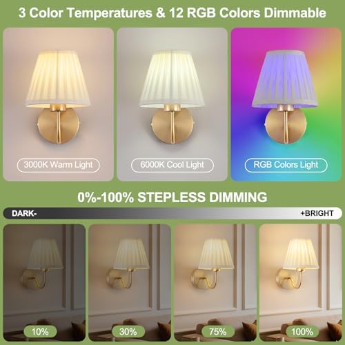 Vintage Battery Operated Wall Sconces Set of 2, Pleated Fabric Shade Gold Wall Lamp with Remote Control, Cordless Rechargeable Wall Sconces Fixtures for Bedroom, Living Room, Beside (2 Bulbs Included) - Image 5