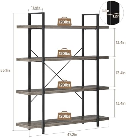 OtterOasis Heavy Duty 4 Tier Industrial Bookcase for Home Office, Grey - Image 2