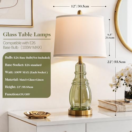 ROTTOGOON Glass Table Lamp Set of 2, Modern Table Lamps for Living Room Bedroom, Bedside Desk Lamps Vintage Nightstand Lamps with Linen Shades, 22", Green - Image 2