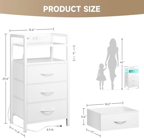 Lazzanto Nightstand with Rear Charging Station, LED Light, 3 Drawers, White - Image 3