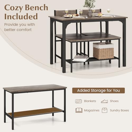 COSTWAY Dining Table Set for 4 w/Bench & 2 Chairs, Storage Racks, Grey - Image 2