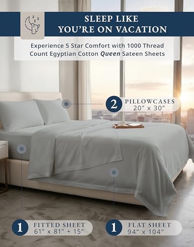 LANE LINEN Queen Size Cooling Sheets 100% Egyptian Cotton Sateen - Silver - Image 2