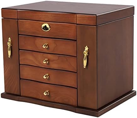 Large Wooden Jewelry Box with Mirror and Lock, 5 Layers Locking Jewelry Organizer, Watches Necklace Ring Storage Box for Women by WANLECY