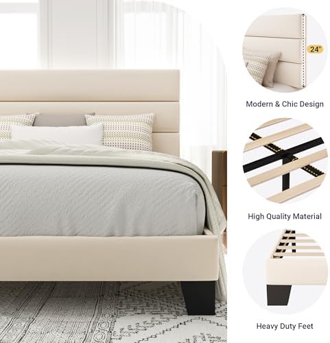Allewie Full Size Platform Bed Frame with Velvet Upholstered Headboard and Wooden Slats Support, Fully Upholstered Mattress Foundation/No Box Spring Needed/Easy Assembly, Cream - Image 6