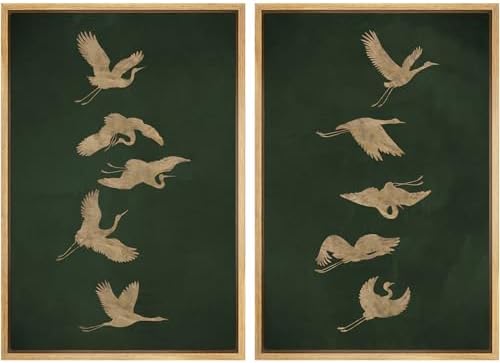 SIGNWIN Framed Canvas Print Wall Art Set Golden Cranes in Flight on Deep Green Illustrations Modern Art Rustic Colorful Ultra for Living Room, Bedroom, Office - 16"" x24 x2 Natural by SIGNWIN