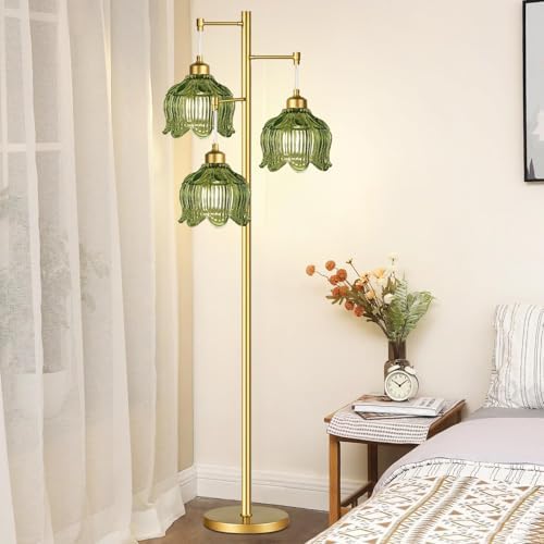 Glass Floor Lamp for Living Room,Bedroom,Gold Mid Century Modern Standing Lamp Brass Tree 3 Light Tall Floor Lamps Vintage Retro Floor Lights Green Flower Lamp Shade Farmhouse Boho Bohemian - Image 6