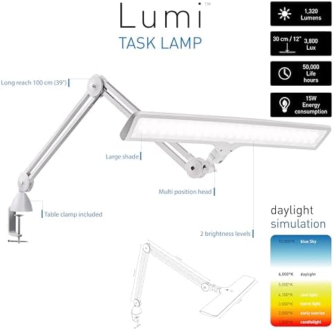Daylight Company Lumi Task Lamp,+95 CRI, 4000 Lux,Craft Light, Super Bright Desk Lamp, Touch Dimmable, 2 Brightness Levels, Ideal Table Light, Drawing Lamps - Metal - 15 W - Image 2