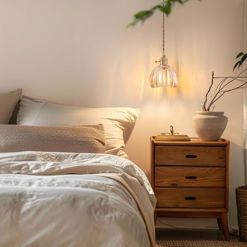 Shenmoyl Pendant Light with Amber Tulip Glass Lmapshade, Brass Vintage Pendant Light Adjustable Hanging Light for Kitchen Island Dining Room Hallway - Image 4
