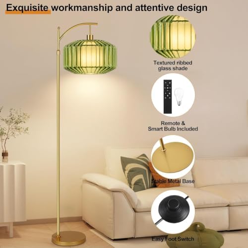 Arc Floor Lamp For Living Room,Bedroom,Gold Vintage Remote Dimmable Standing Lamps With Green Drum Glass&Fabric Shade,LED Tall Floor Light For Office,Modern Boho Farmhouse Cute Corner MCM Lamp - Image 4
