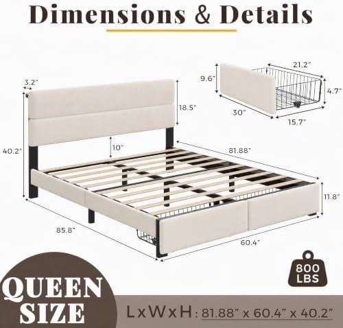 Queen Bed Frame with 2 Storage Drawers, Light Beige Velvet Upholstered - Image 2