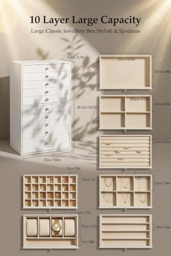 GUKA Large Jewelry Box, Jewelry Case with 10 Drawers for Big and Small Jewelry, Jewelry Storage Organizer for Watch Earrings Necklace Rings Bracelets, Birthday Wedding Gifts, White - Image 6