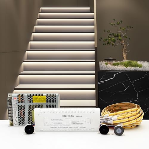 Intelligent Motion Triggered LED Stair Lighting Kit KMG-3233, 40" Cuttable LED Strip Light for Indoor LED Stair Lights (Cool White 6000K,20 Stairs) by KOMIGAN
