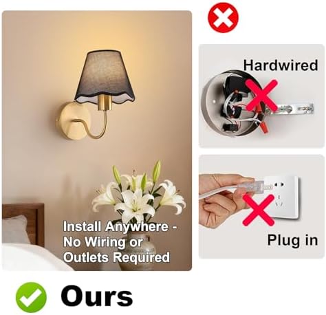 ADISUN Battery Operated Wall Sconce Set of 2, Gold Wall Lamps Rechargeable Bulbs for Living Room, Black Rattan Shade, Wireless Wall Lights for Bedroom Living Room Hallway Kitchen(2 Bulbs Included) - Image 6
