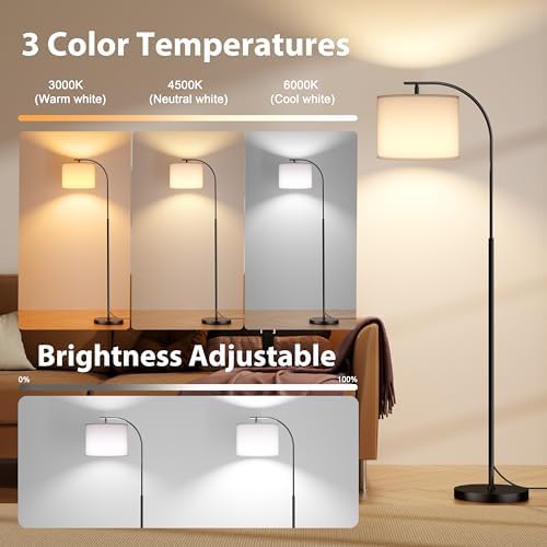 SIBRILLE Floor Lamp with Linen Shade, Arc Dimmable Tall Standing Lamp with Remote Control, Modern Floor Reading Light for Living Room Bedroom Office Corner, 9W LED Bulb Included - Image 2