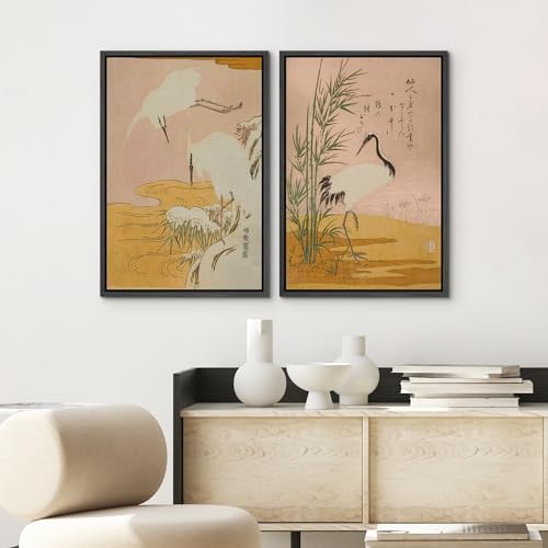 SIGNWIN Framed Canvas Print Wall Art Set Japanese Crane Vintage Style Bird and Bamboo Illustrations Modern Art Rustic Minimal for Living Room, Bedroom, Office - 16"" x24 x2 Black - Image 3