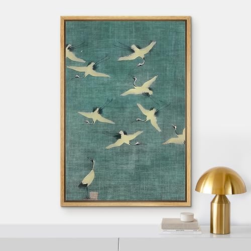 NWT Framed Canvas Print Wall Art Cranes in Flight, Minimalist Japanese-Inspired Illustrations Modern Art Decorative Landscape Rustic Zen Colorful for Living Room, Bedroom, Office - 16"x24" Natural - Image 2