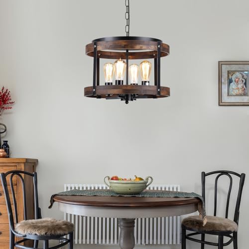 4-Light Large Rustic Farmhouse Wood Pendant Light Fixture with Adjustable Chain, 16.5 inch Oak Wood Drum Chandelier for Dining Room Kitchen Island Farmhouse Living Room Hallway, Black - Image 3
