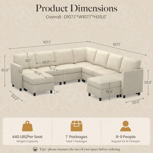Belffin 107.1" 9 Seats Modular Sectional Sofa U Shaped Couch Big Corner Washable Sectional Couches for Living Room Comfy Couches with Storage Seat Couch Sofas with Chaise,Beige - Image 2