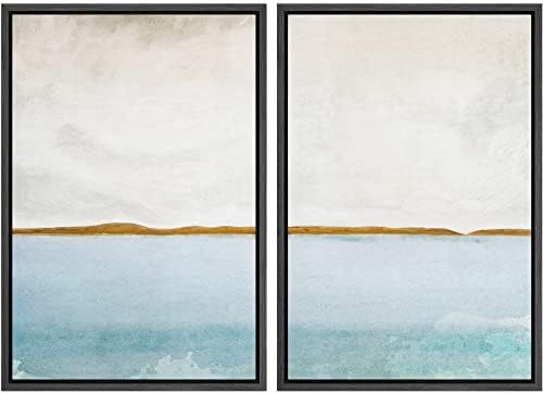 SIGNWIN Framed Canvas Print Wall Art Set Gold Blue Ocean Sea Beach Landscape Nature Wilderness Illustrations Modern Art Decorative Rustic Chic for Living Room, Bedroom, Office - 24"" x36 x2 Black by SIGNWIN