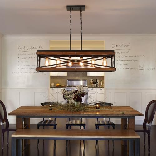 Rustic Farmhouse Wood Kitchen Island Lighting, 6 Lights Rectangular Pendant Light Fixture, Adjustable Chain Oak Wood and Metal Linear Chandelier for Dining Room Kitchen Island Farmhouse, Black - Image 3