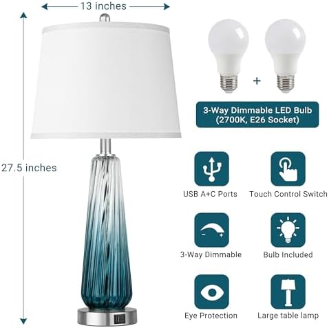 Table Lamps Set of 2 with Touch Control, Modern Glass Bedside Lamps with USB A+C Ports, 3-Way Dimmable Nightstand Lamp with White Fabric Shade, 27.5" Large Lamps for Living Room Bedrooms Decorations - Image 4