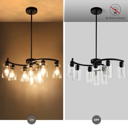 CNRATYE 9-Light Black Modern Chandeliers for Dining Room, Adjustable Height Farmhouse Kitchen Island Lighting, Industrial Hanging Light Fixtures for Living Room Bedroom, Clear Glass Shade - Image 5