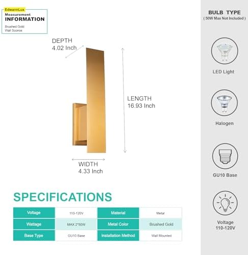 Edwarmlux Indoor Wall Sconces, Modern Wall Lights, Up and Down Wall Mount Light, Dimmable Hardwired Wall Light for Bedroom, Living Room, Hallway, GU10 Bulbs Excluded (Brushed Gold) - Image 5