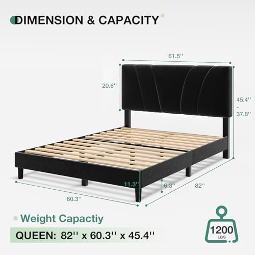 Novilla Queen Bed Frame, Queen Size Bed Frame with Wooden Slats Support, Velvet Upholstered Headboard, No Box Spring Needed, Heavy Duty Feet, Easy Assembly, Black Velvet - Image 2