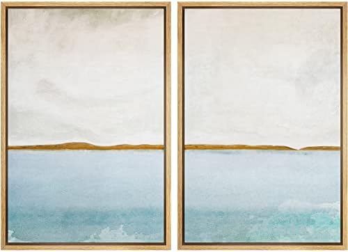 SIGNWIN Framed Canvas Print Wall Art Set Gold Blue Ocean Sea Beach Landscape Nature Wilderness Illustrations Modern Art Decorative Rustic Chic for Living Room, Bedroom, Office - 24"" x36 x2 Natural by SIGNWIN