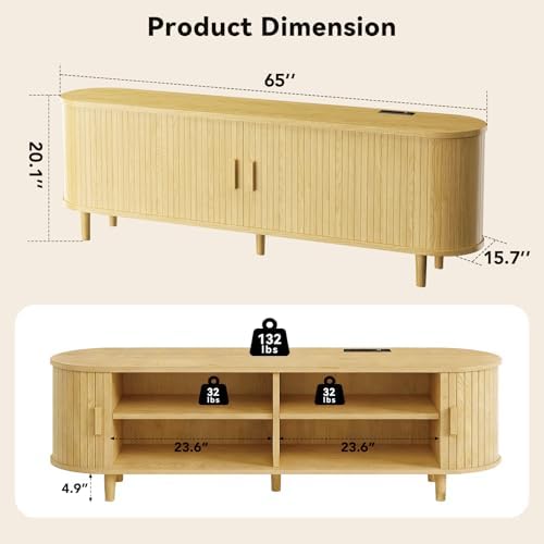 65" Mid Century Modern TV Stand with Power Outlet, Fluted Entertainment Center with Storage and Adjustable Shelves, Wood TV Console with Sliding Doors for Living Room, Oak - Image 3