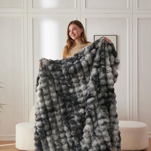 COOVA Soft Bubble Faux Fur Throw Blanket, 60"x80", Tie-dye Light Grey - Image 4