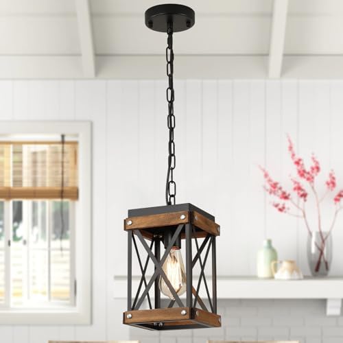 Rustic Farmhouse Wood Pendant Light Fixture One-Light Adjustable Chain Oak Wood and Metal Lantern Cage Small Pendant Lighting for Kitchen Island Sink Hallway Farmhouse Bathroom Bar, Black by Unknown
