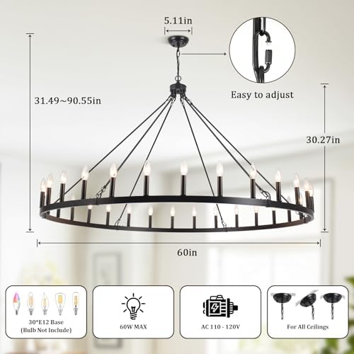 30 Lights Black Extra Large Wagon Wheel Chandelier, 60 Inch Farmhouse Industrial Ceiling Light Fixture for High Ceiling Outdoor Porch Living Dining Room Foyer Entryway, E12 - Image 4