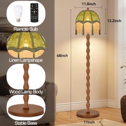 Vintage Floor Lamp For Living Room,Remote Dimmable Wood LED Standing Lamps With Victorian Fringe Green,Retro Corner Tall Lamp Floor Light For Bedroom,Office,Boho Farmhouse Nursery Rustic Decor - Image 3