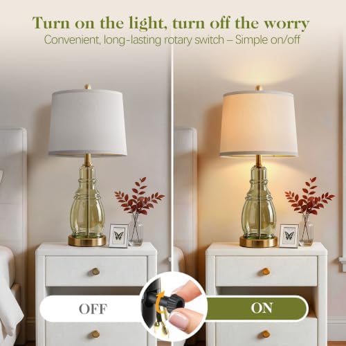 ROTTOGOON Glass Table Lamp Set of 2, Modern Table Lamps for Living Room Bedroom, Bedside Desk Lamps Vintage Nightstand Lamps with Linen Shades, 22", Green - Image 3