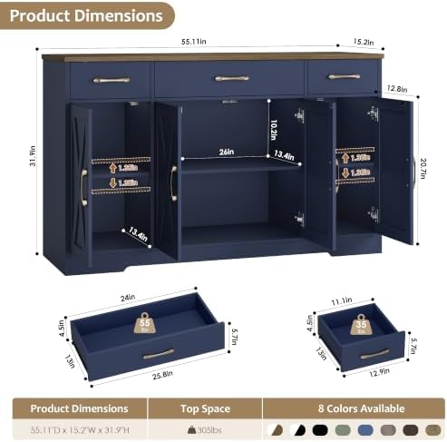 HOSTACK Kitchen Buffet Sideboard Storage Cabinet, Coffee Bar Cabinet, Blue - Image 3