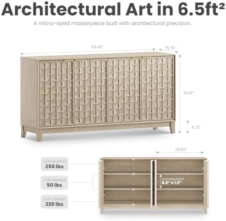 COLAMY Fluted Sideboard Cabinet with Storage – Solid Wood Buffet for Dining Room, Credenza Console with Adjustable Shelves, Walnut Finish, Mid Century Modern Style,Oak White - Image 2